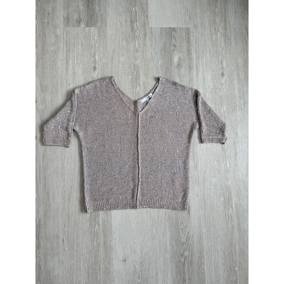 WD.NY Sweaters - WD NY Sequin Knit V-Neck Sweater Taupe Silver Sparkle Short Sleeve Size Small
